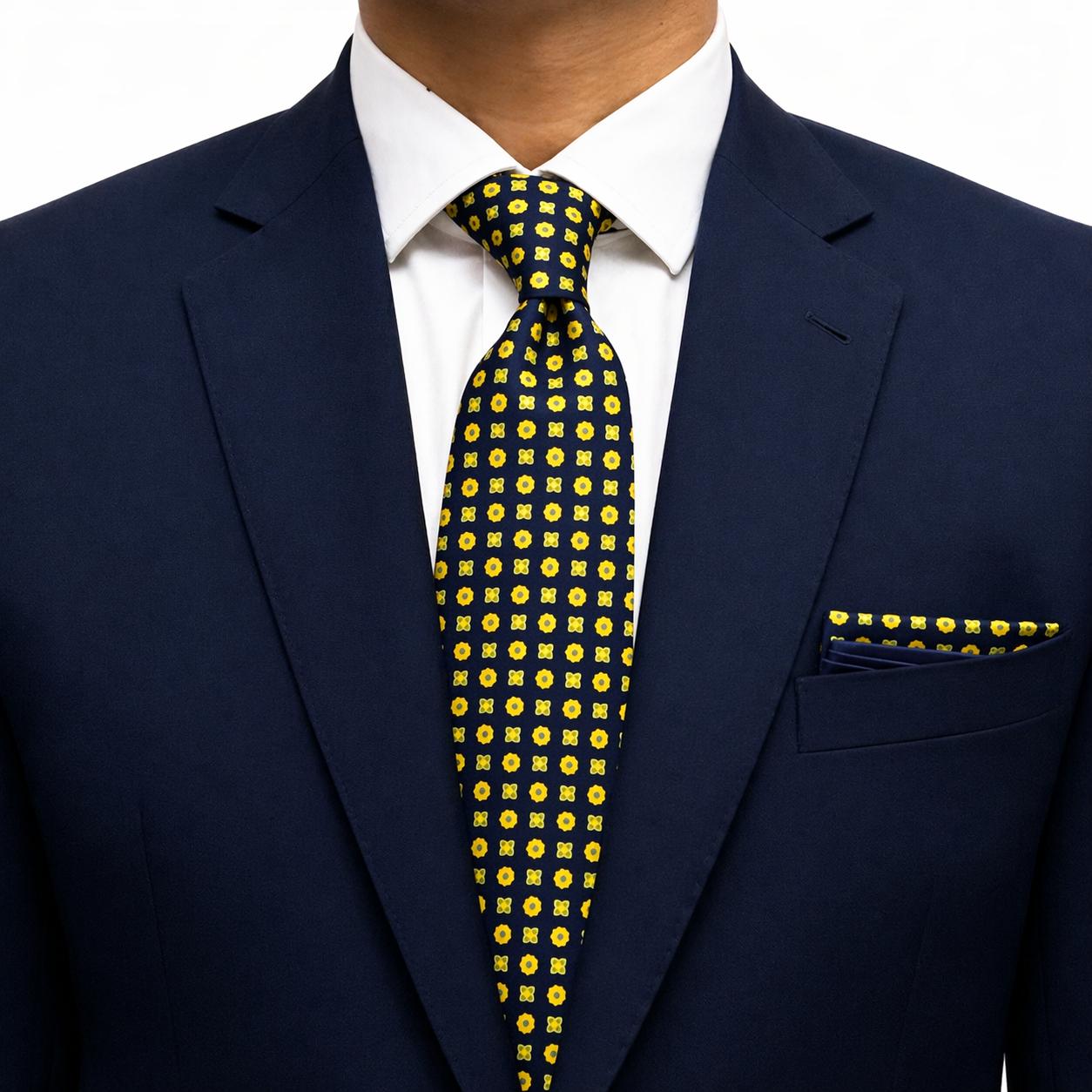 Golden Yellow with Navy Micro Tie and Pocket Square Set