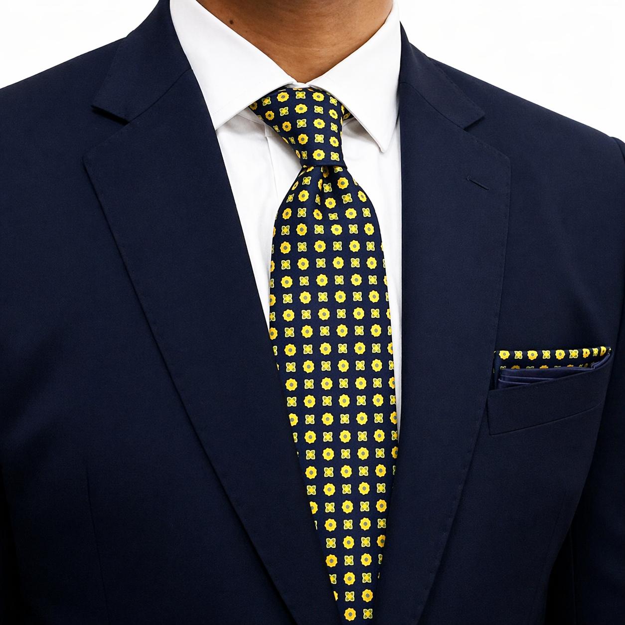 Golden Yellow with Navy Micro Tie and Pocket Square Set