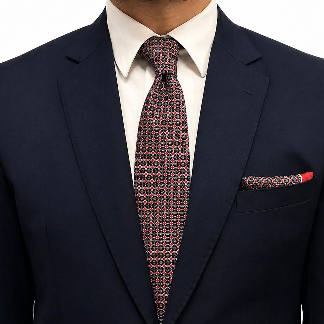 Black & Red Geometric Pattern Tie and Pocket Square Set