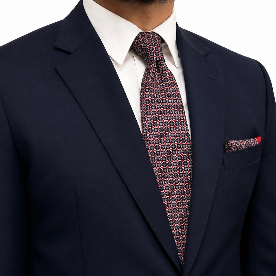 Black & Red Geometric Pattern Tie and Pocket Square Set