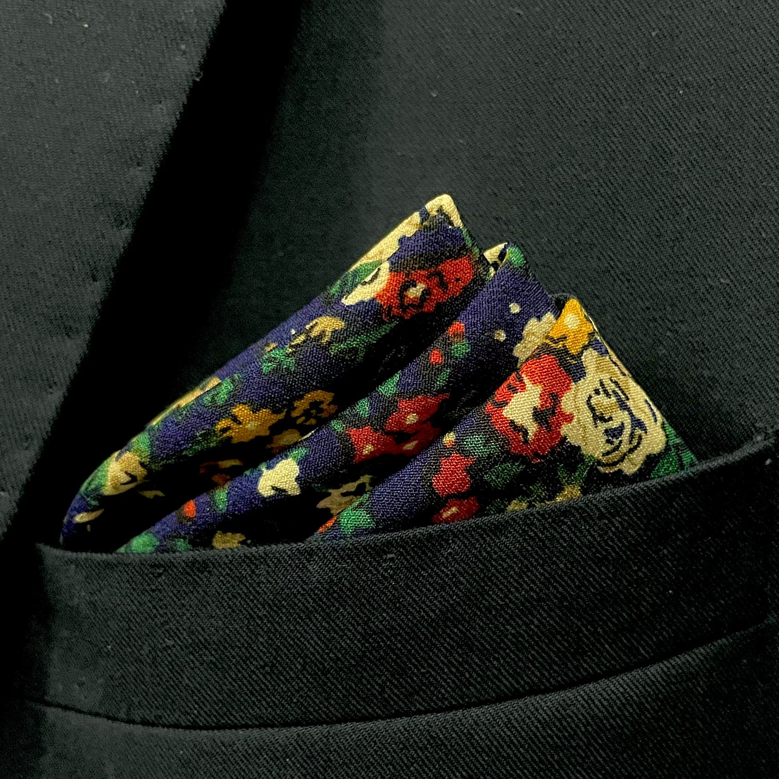 13 by 13 inches Blue Base Yellow Red Floral Pocket Square