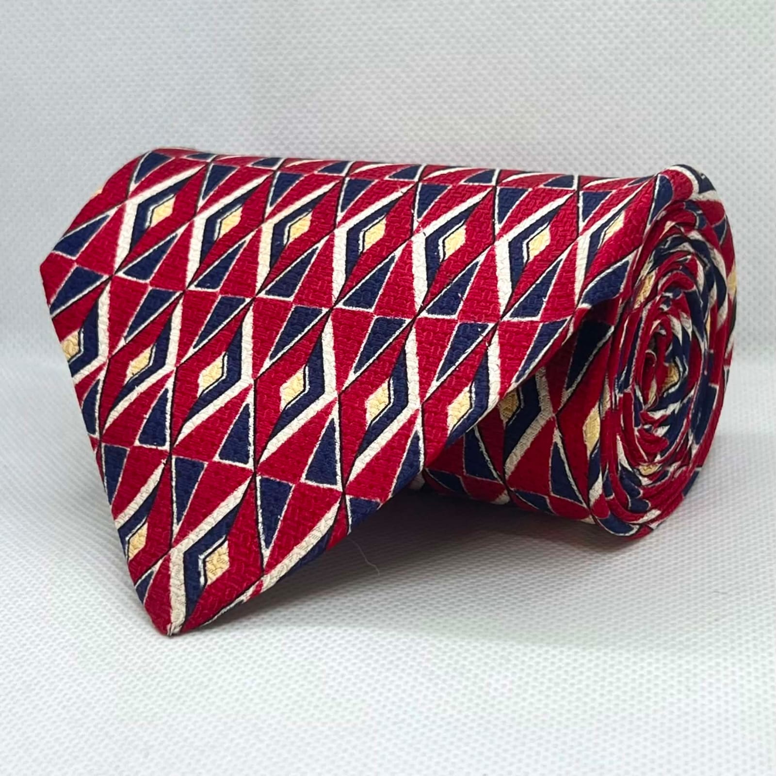 Scarlet Red Navy Diamond Pattern Silk Broad  Tie