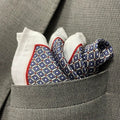 14 by 14 inches White Base Blue Red Motif Pocket Square