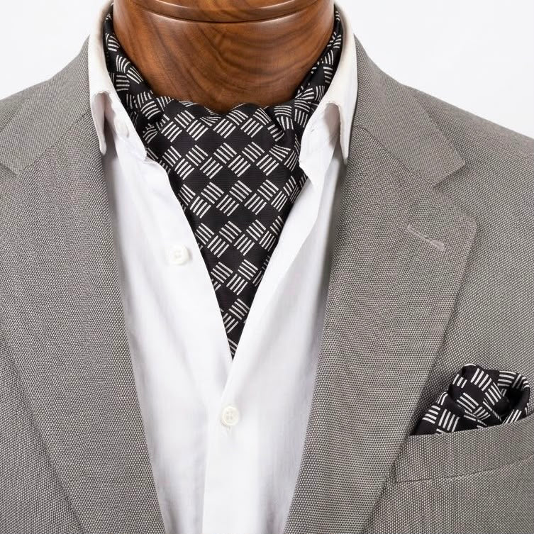 Black & White Geometric Cravat and Pocket Square Set