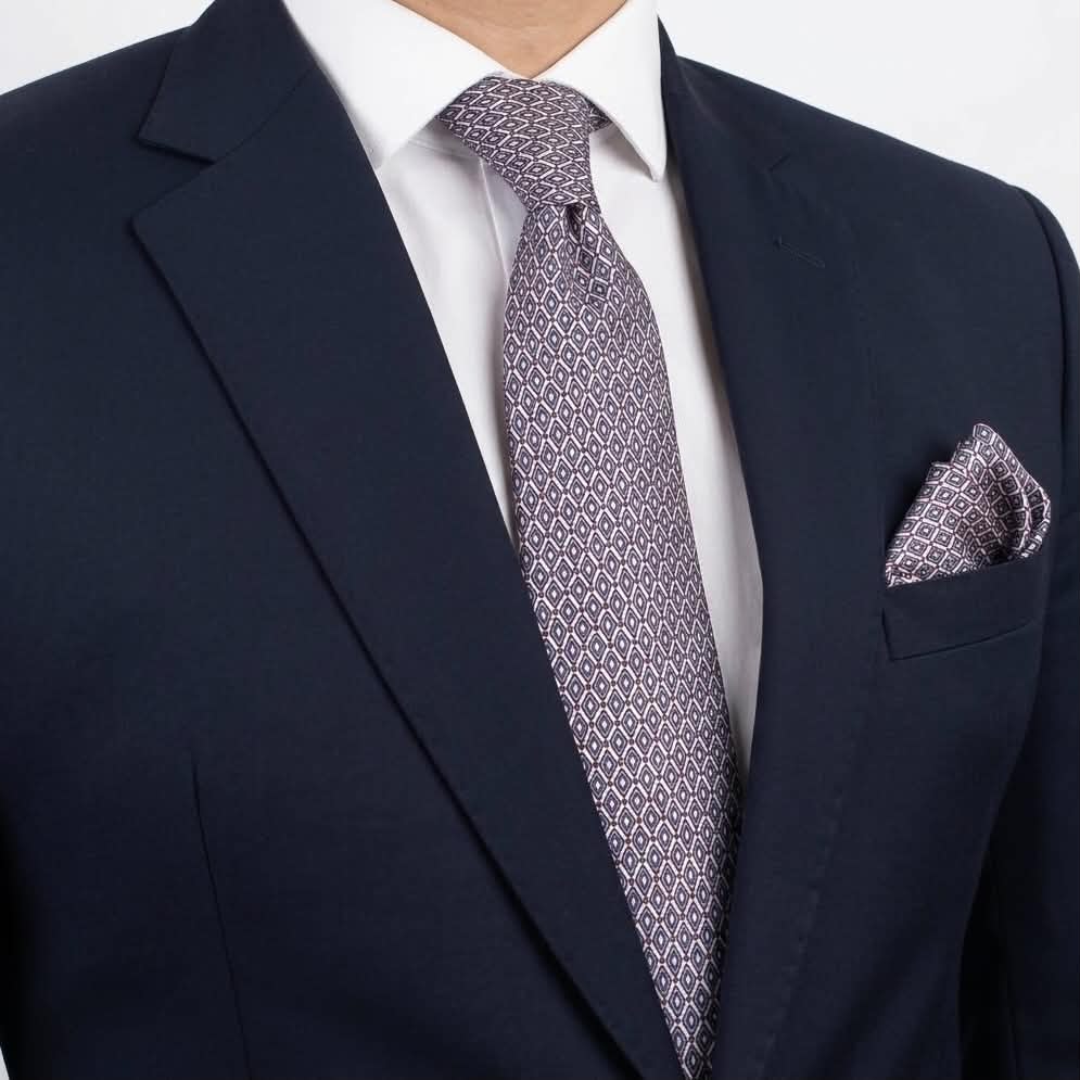 White Base Blue Red Motif Silk Tie and Pocket Square Set