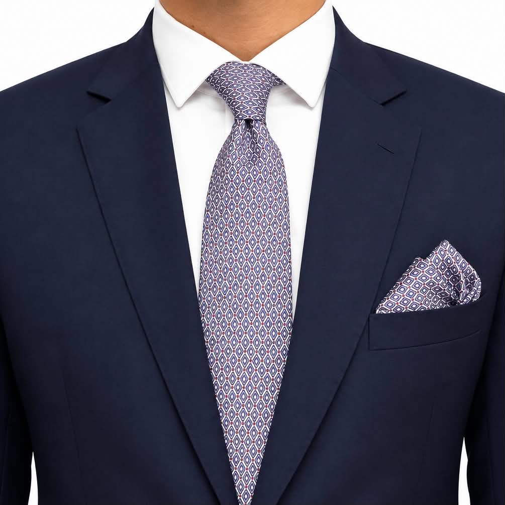 White Base Blue Red Motif Silk Tie and Pocket Square Set