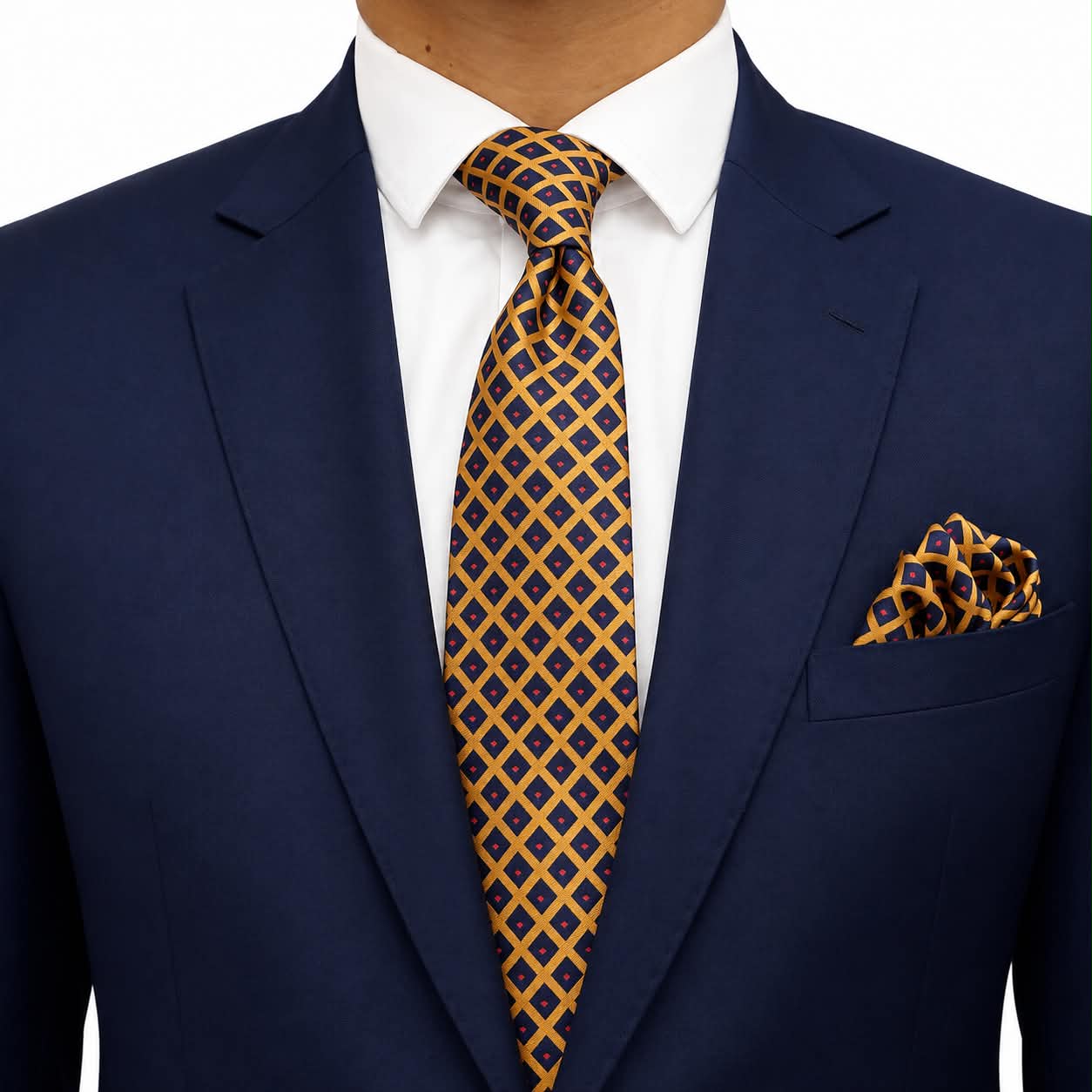 Luxury Gold Geometric Diamond Silk Tie and Pocket Square Set