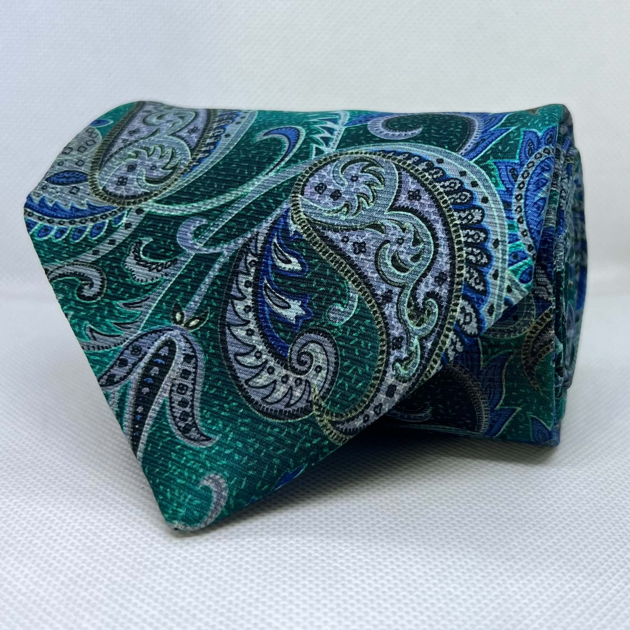 Green Base Blue Paisley Broad Silk Tie