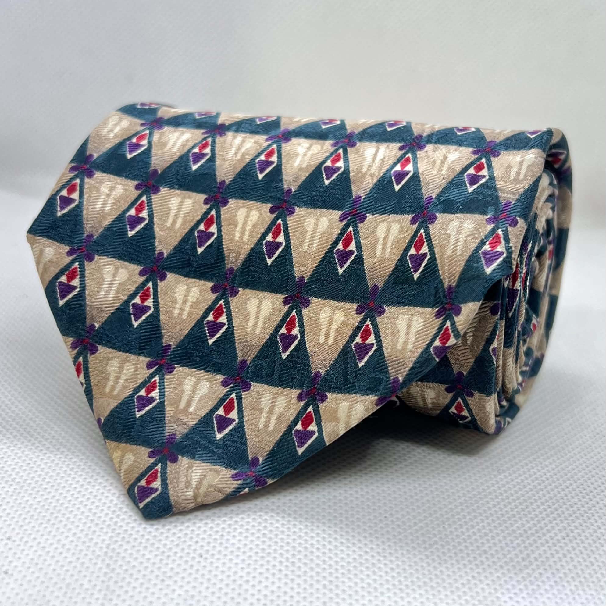 Teal & Champagne Geometric Broad Silk Tie
