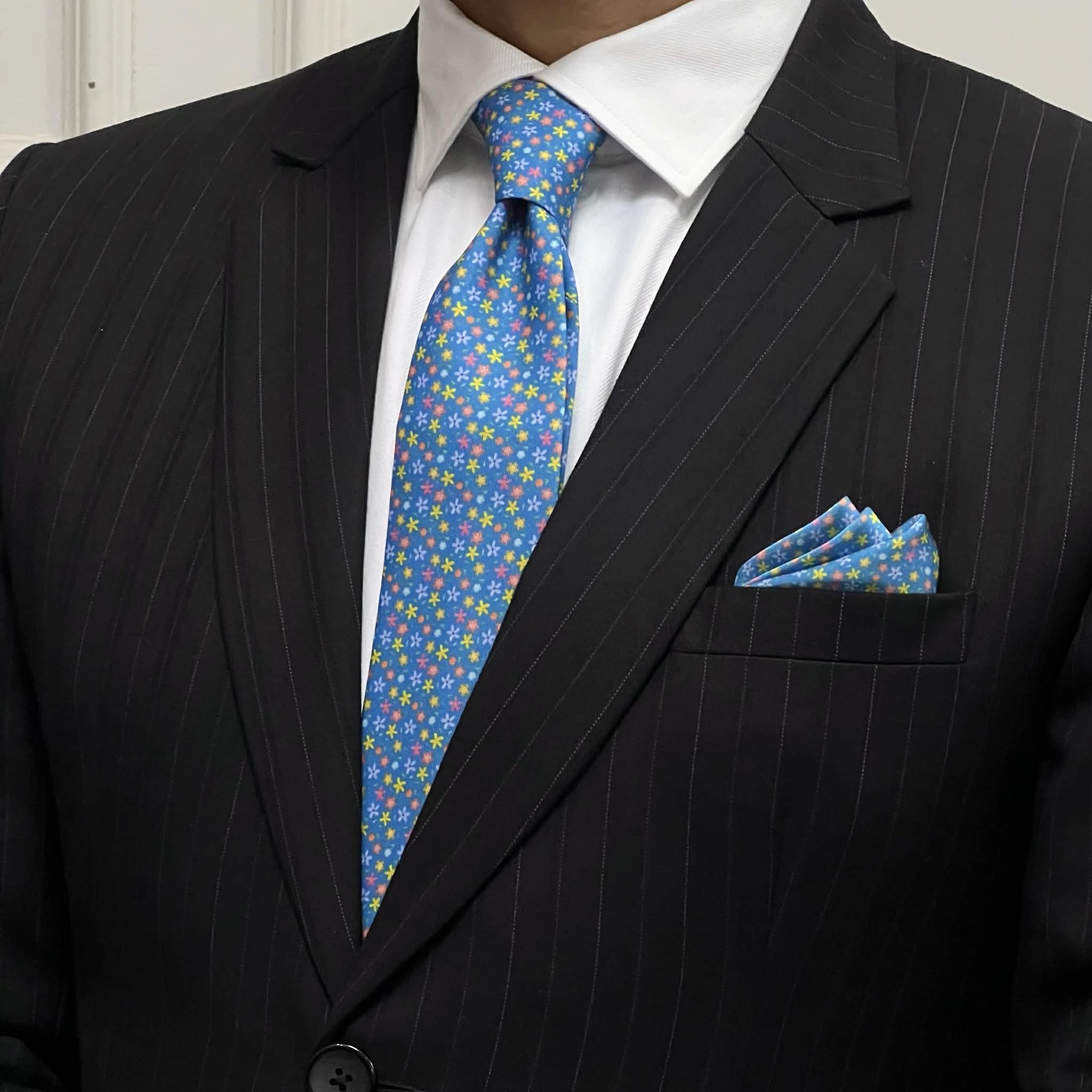 Sky Blue with Multicolor Tie with Pocket Square