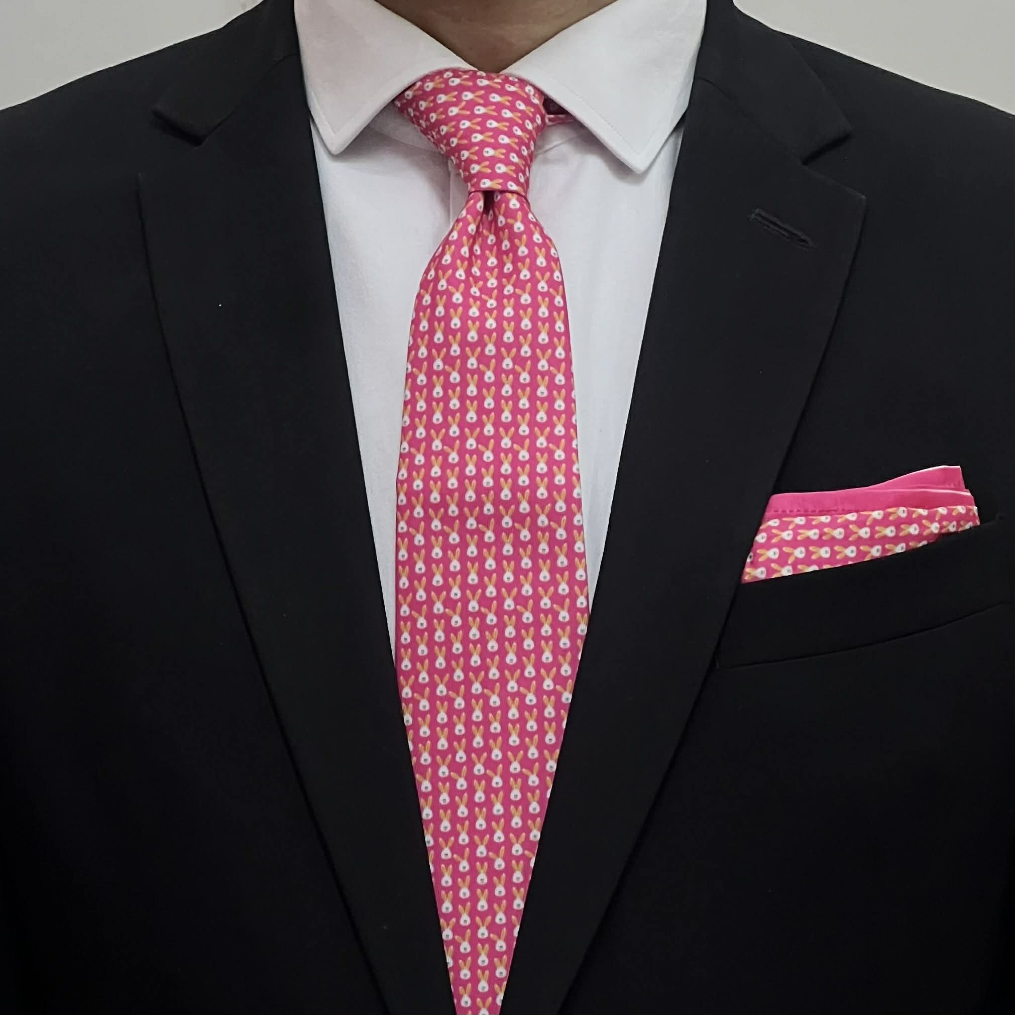 Royal Pink Bunny Tie with Pocket Square Set