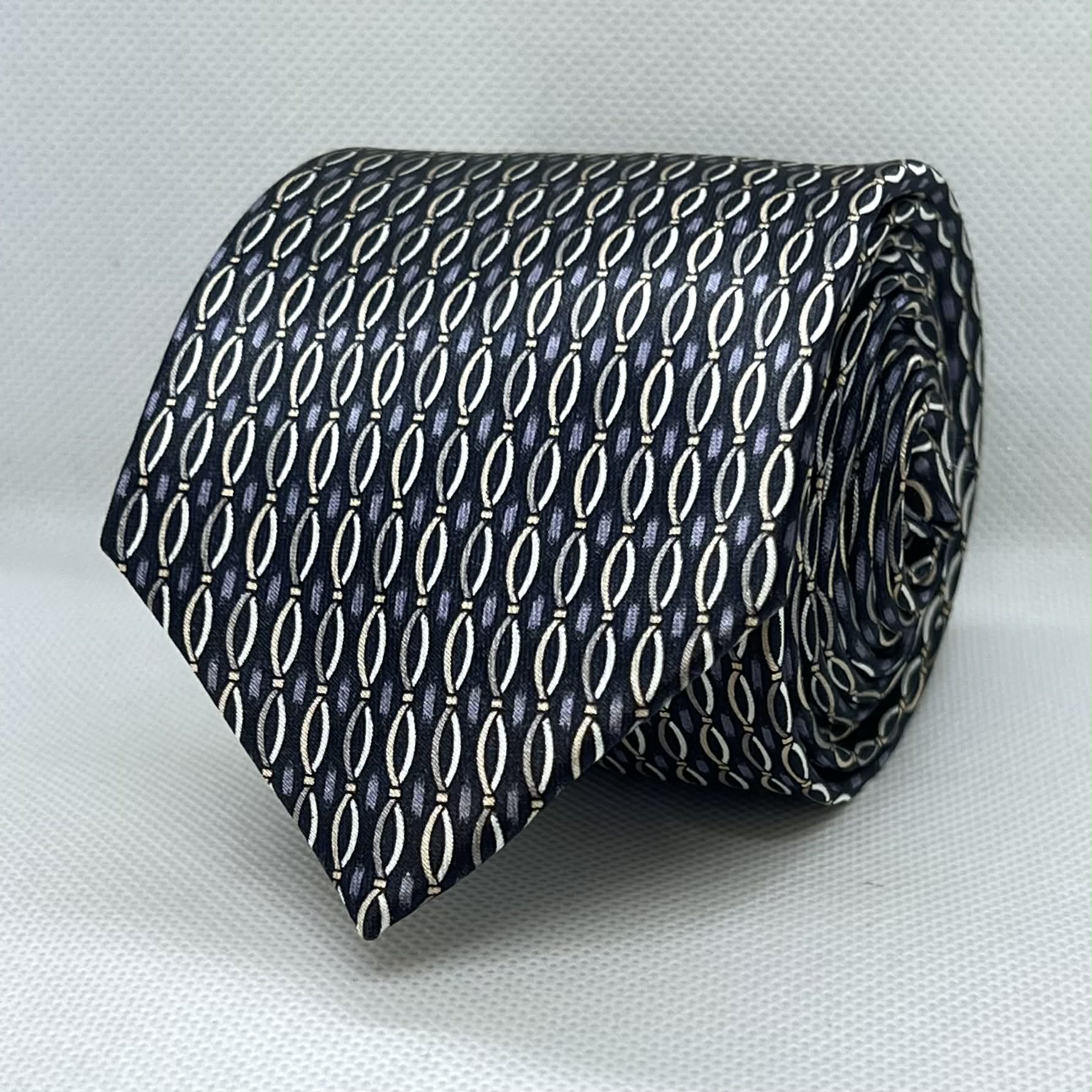 Black with Cream Oval Chain Pattern Silk Tie