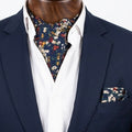 Blue Base Yellow Red Floral Cravat and Pokcet Square Set