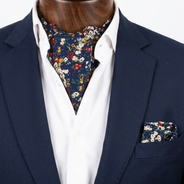 Blue Base Yellow Red Floral Cravat and Pokcet Square Set
