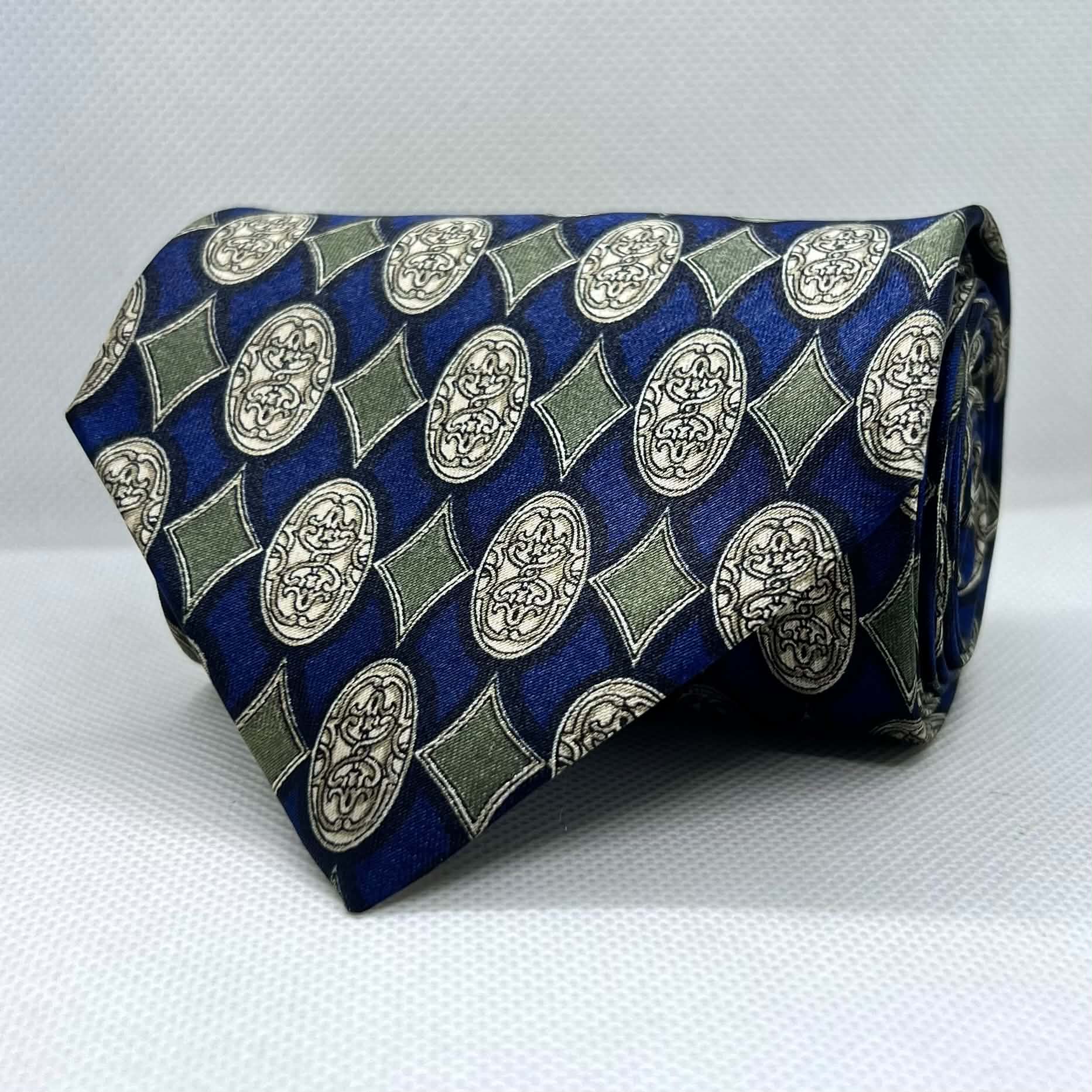 Blue Base Green Motif Polyester Silk Broad Tie