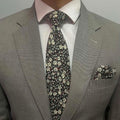 Black Floral Print Silk Tie and Pocket Square Set