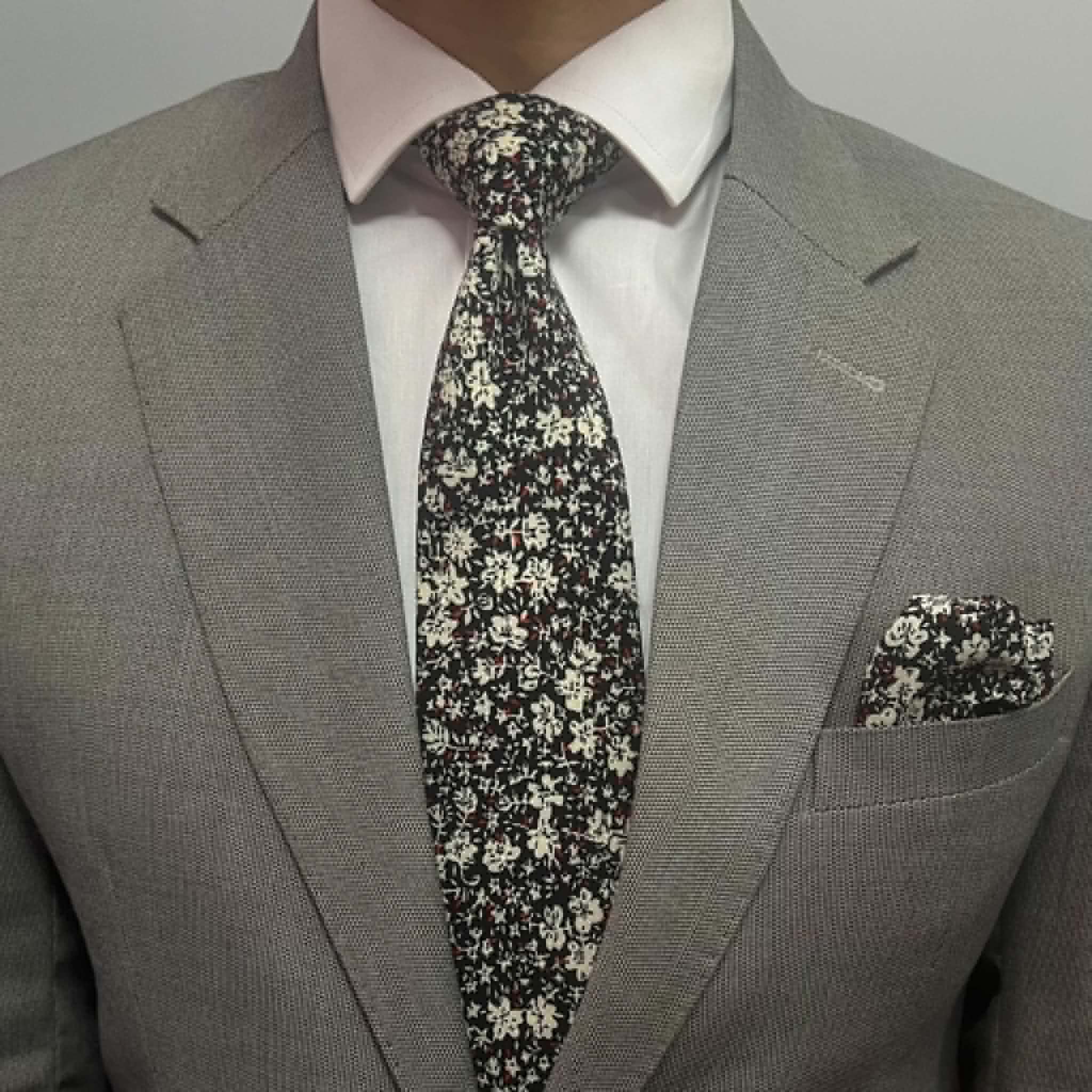 Black Floral Print Silk Tie and Pocket Square Set