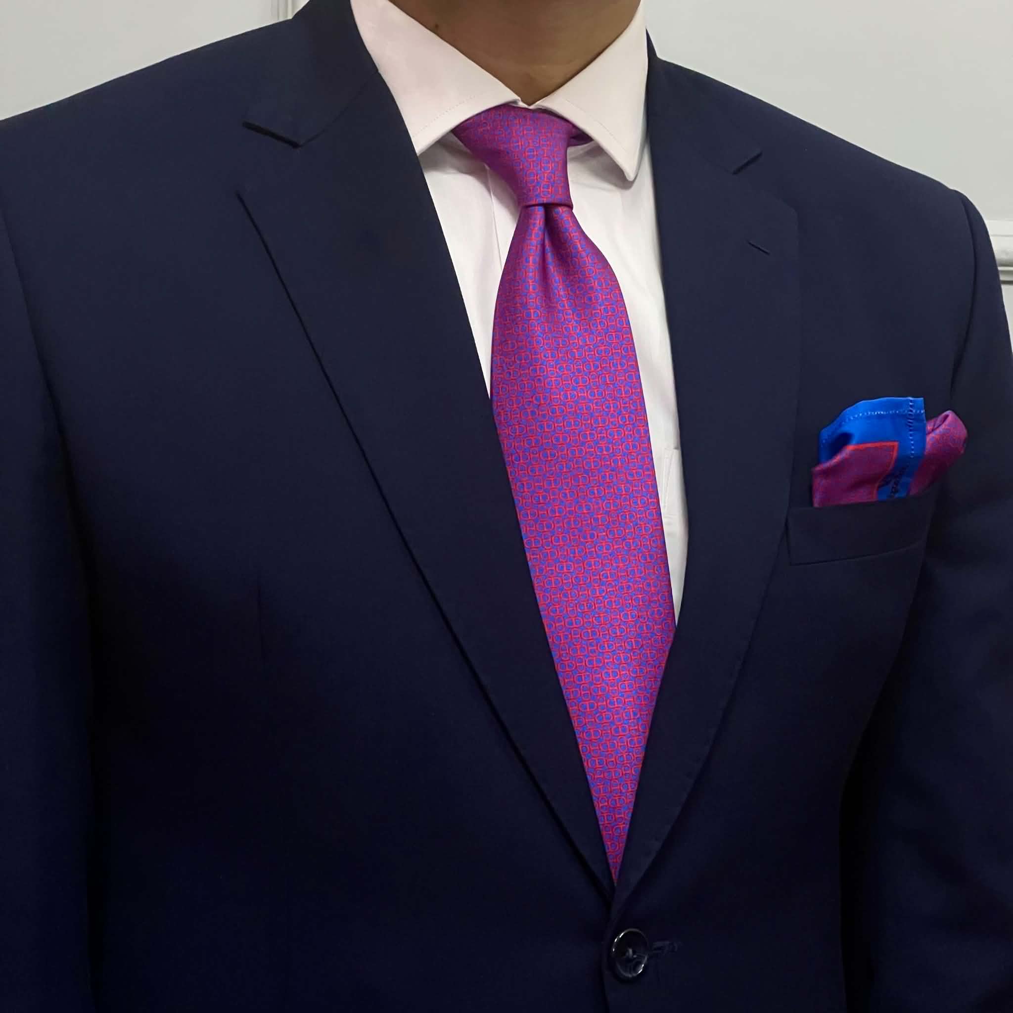 Royal Magenta Micro Geo Silk Tie and Pocket Square Set