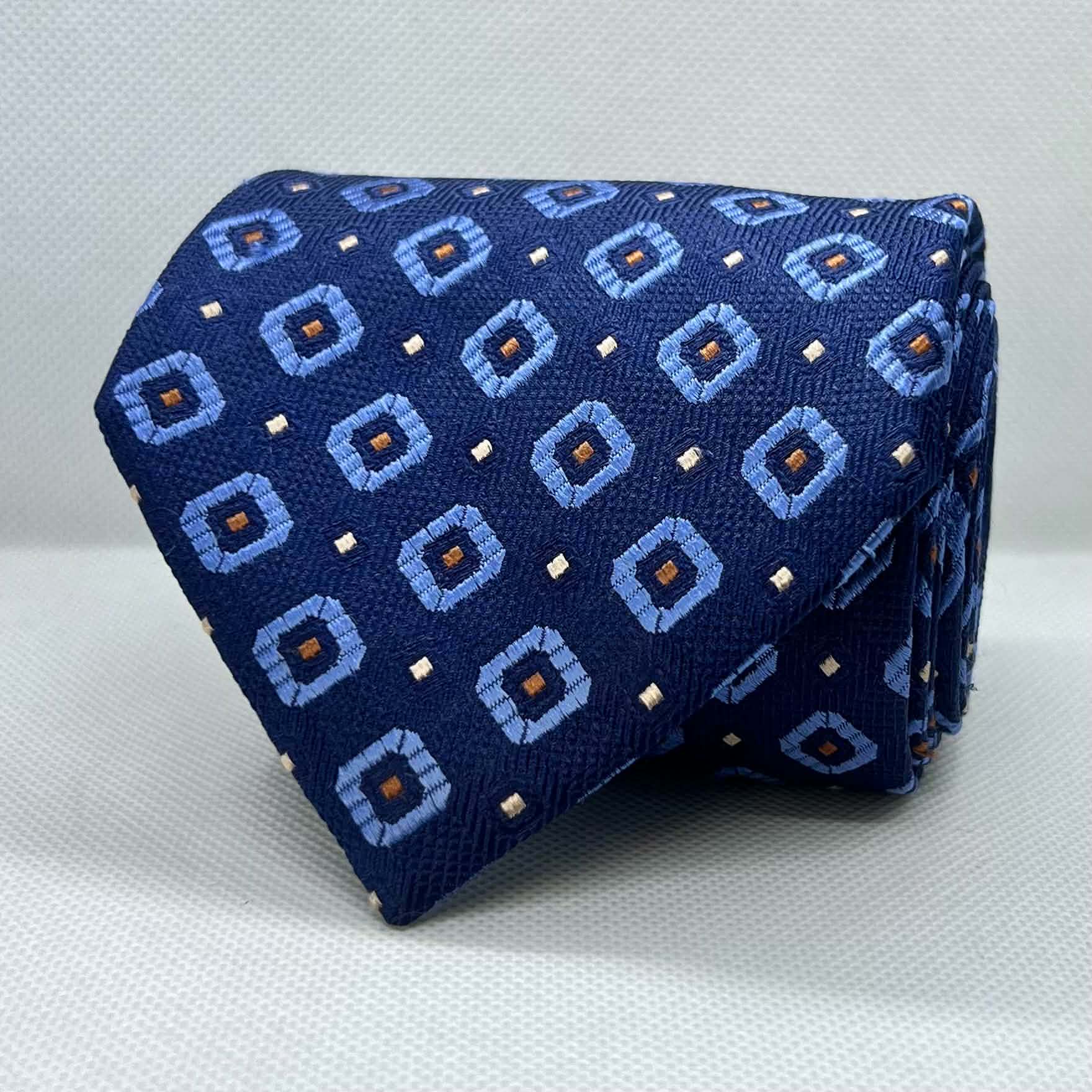 Blue Geometric Diamond Pattern Broad Silk Tie