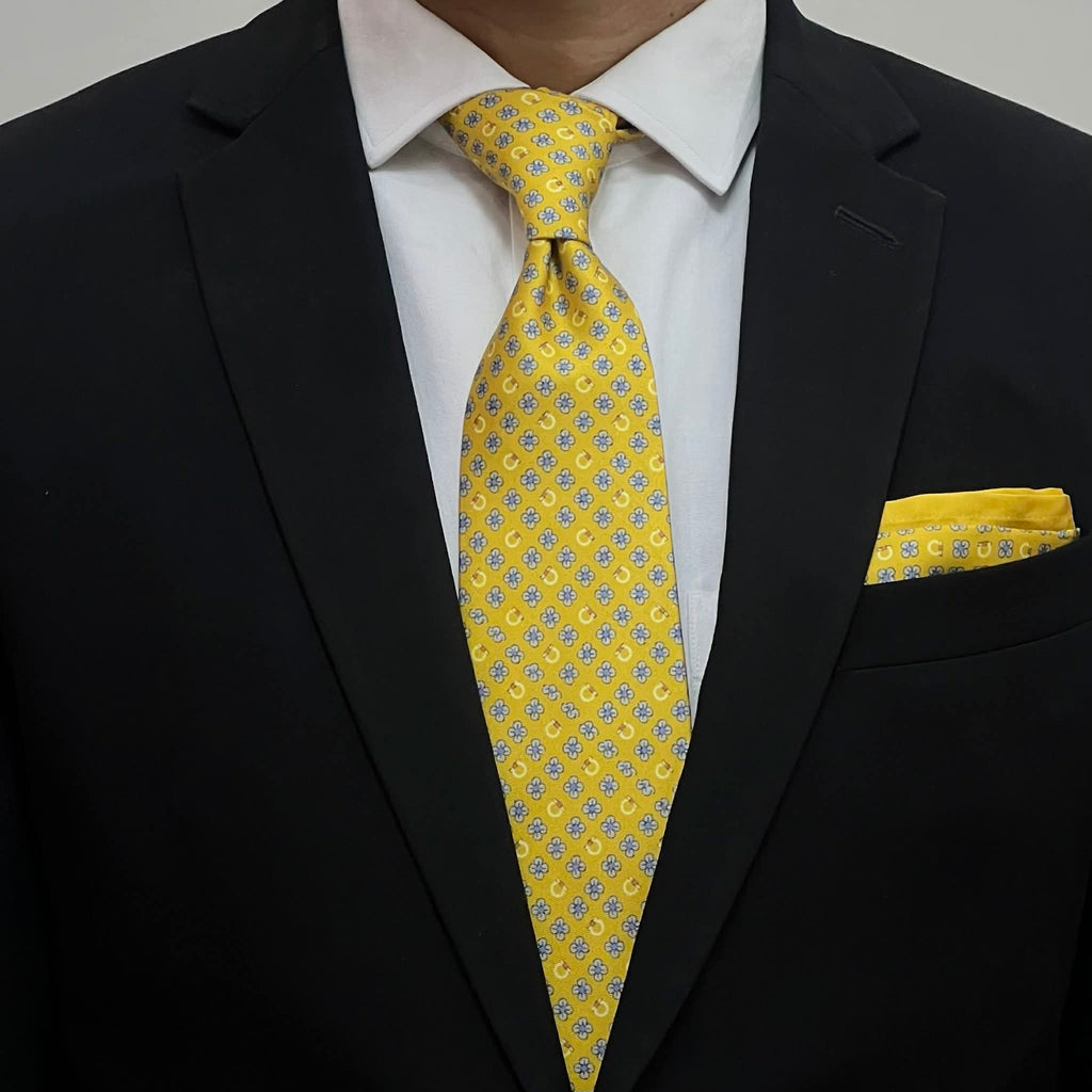 Mustard Yellow with Blue Floral Tie and Pocket Square Set