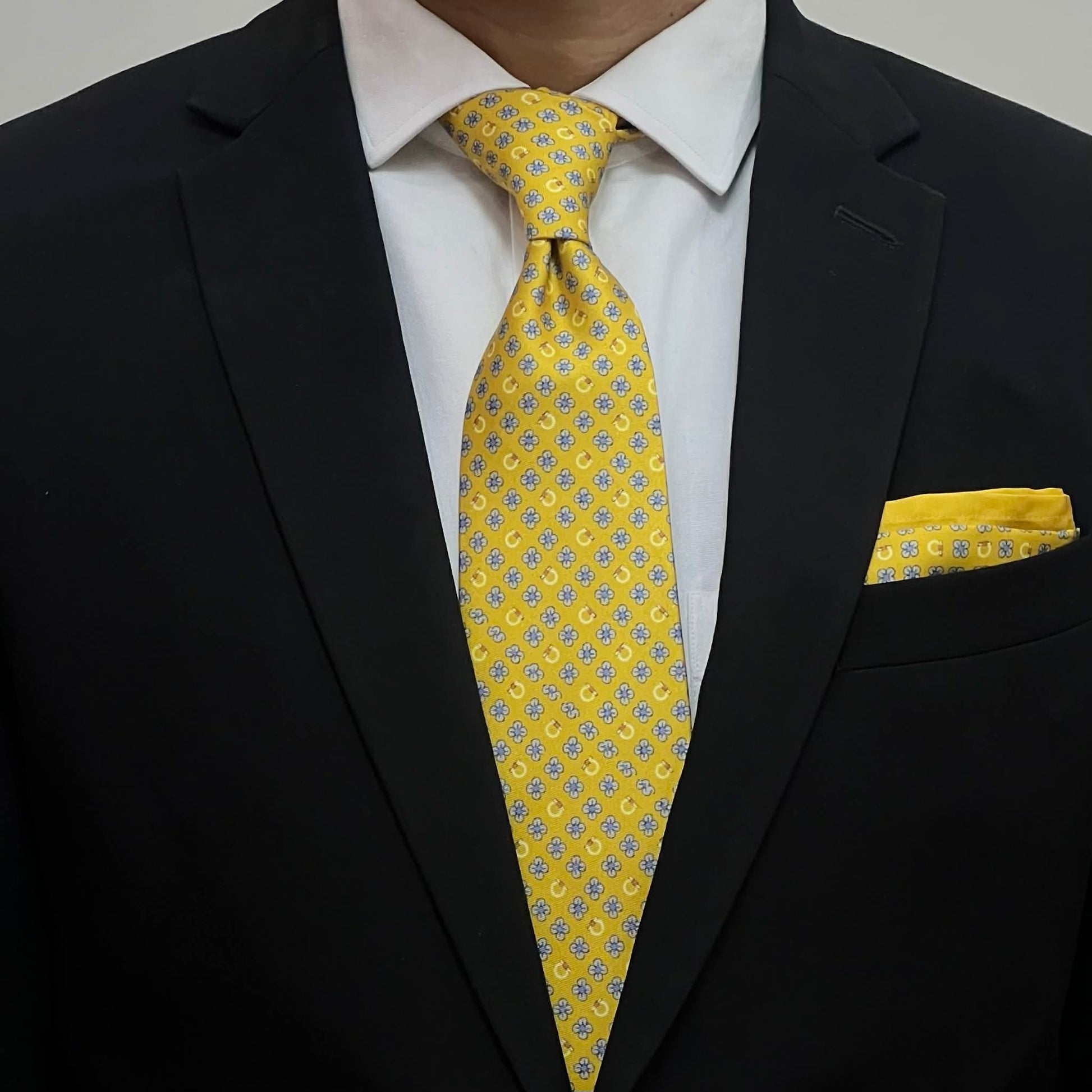Mustard Yellow with Blue Floral Tie and Pocket Square Set