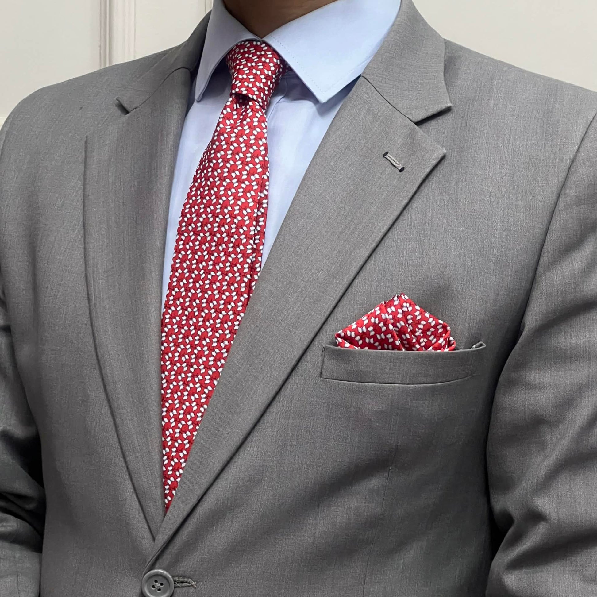 Crimson Red & White Micro Petal Tie and Pocket Square Set