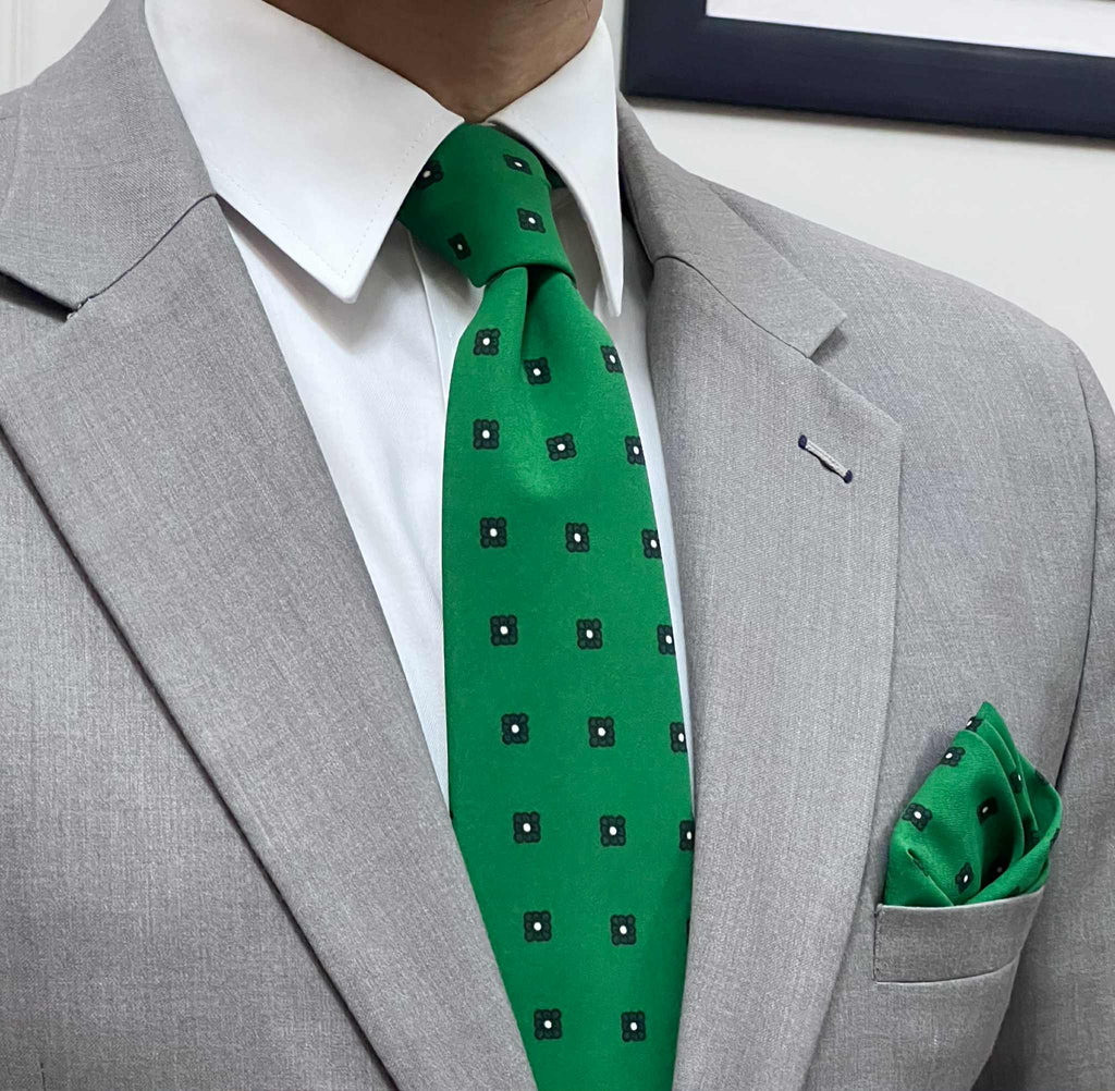 Emerald Green Square Pattern Necktie & Pocket Square Set