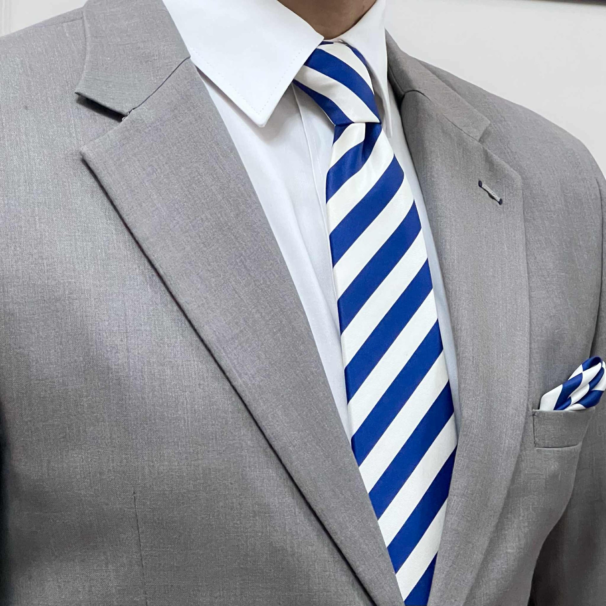 Royal Blue & White Striped Silk Tie Set