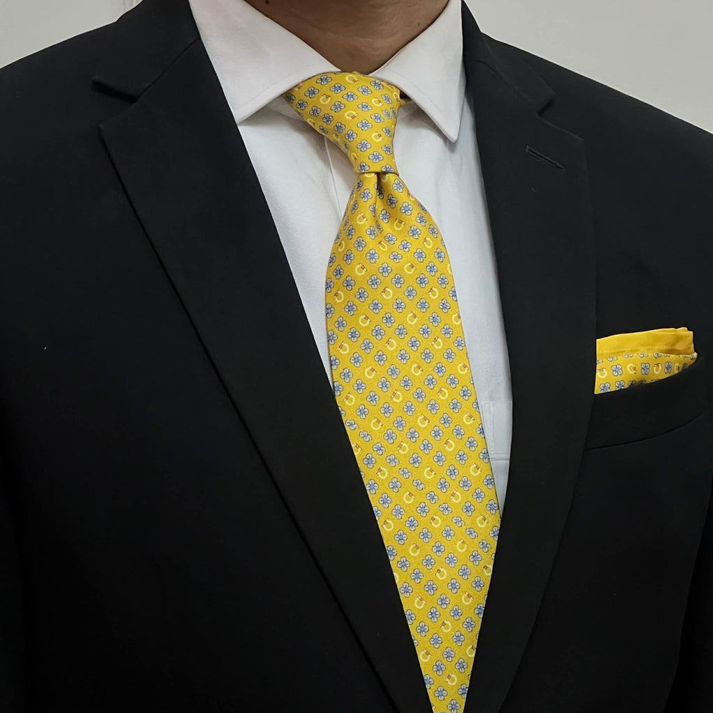 Mustard Yellow with Blue Floral Tie and Pocket Square Set