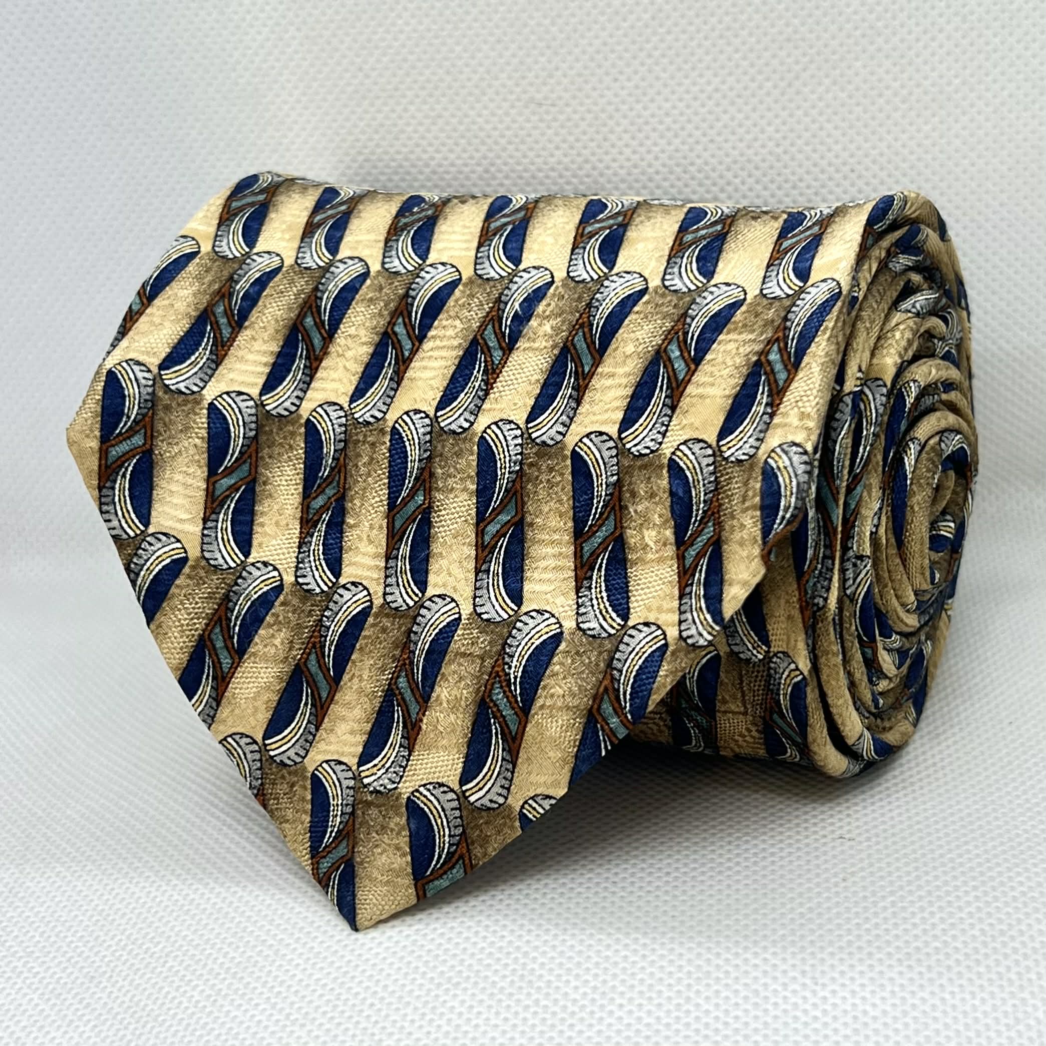 Beige & Blue Paisley Motif Broad Silk Tie