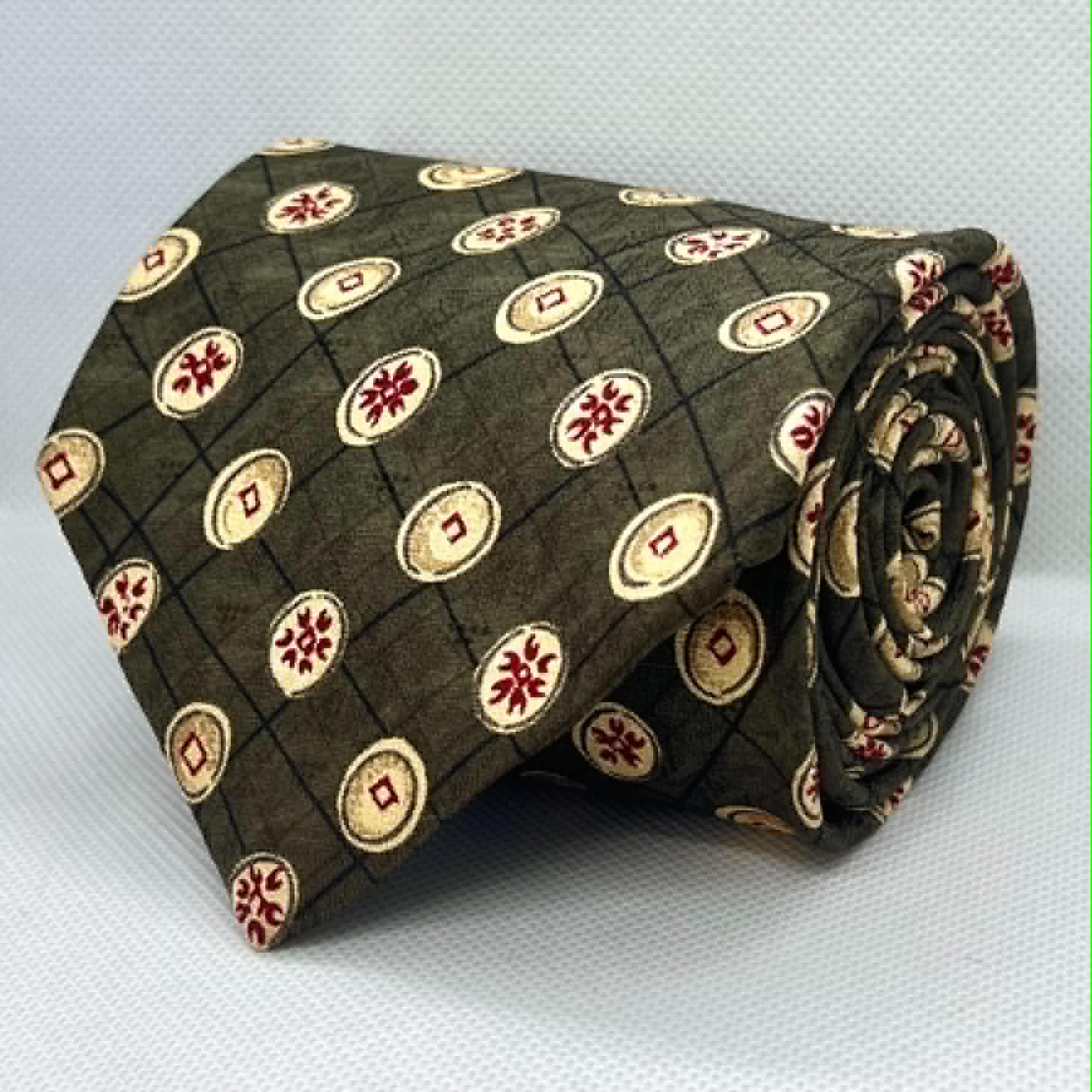 Olive Vintage Circle Pattern Broad Silk Tie