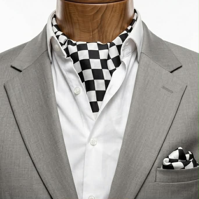 Monochrome Checkerboard Silk Cravat & Pocket Square Set