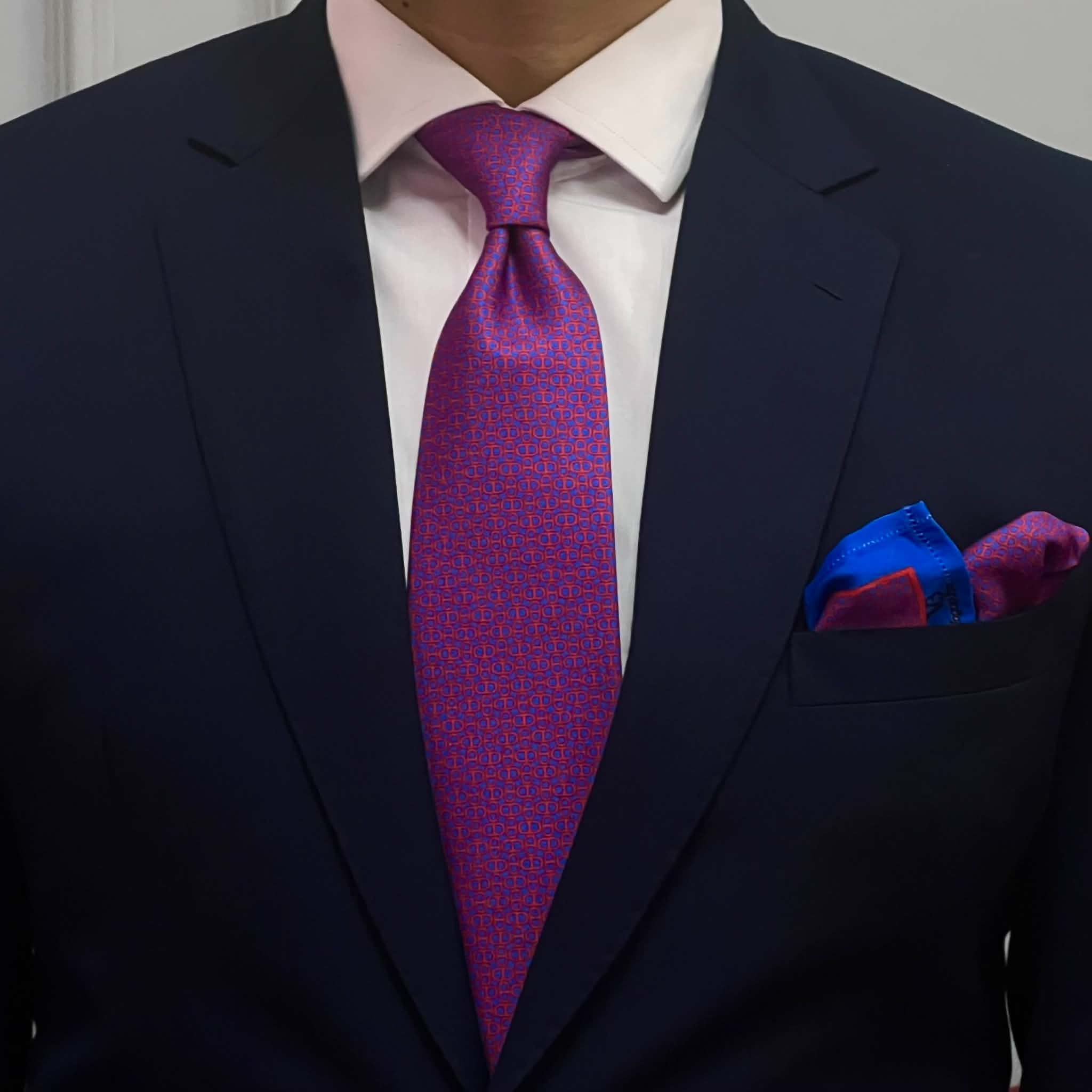 Royal Magenta Micro Geo Silk Tie and Pocket Square Set