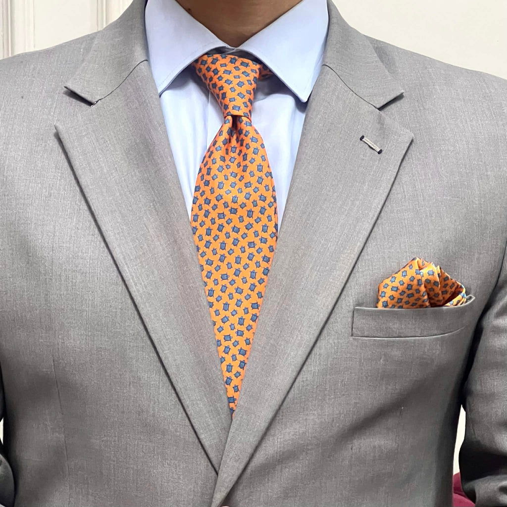 Amber Orange & Navy Micro Motif Tie with Pocket Square Set