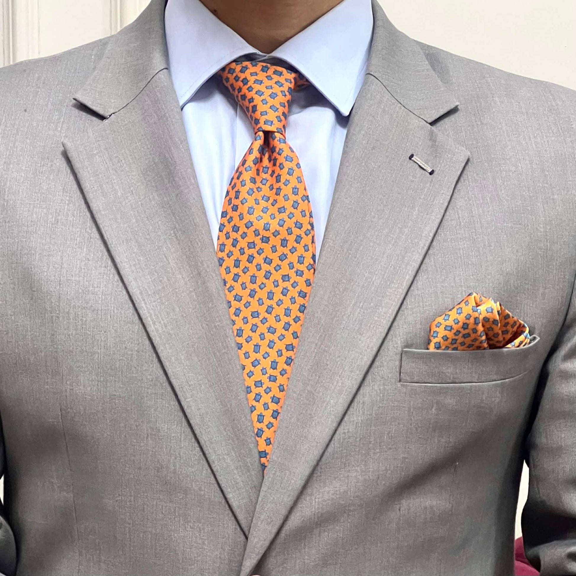 Amber Orange & Navy Micro Motif Tie with Pocket Square Set