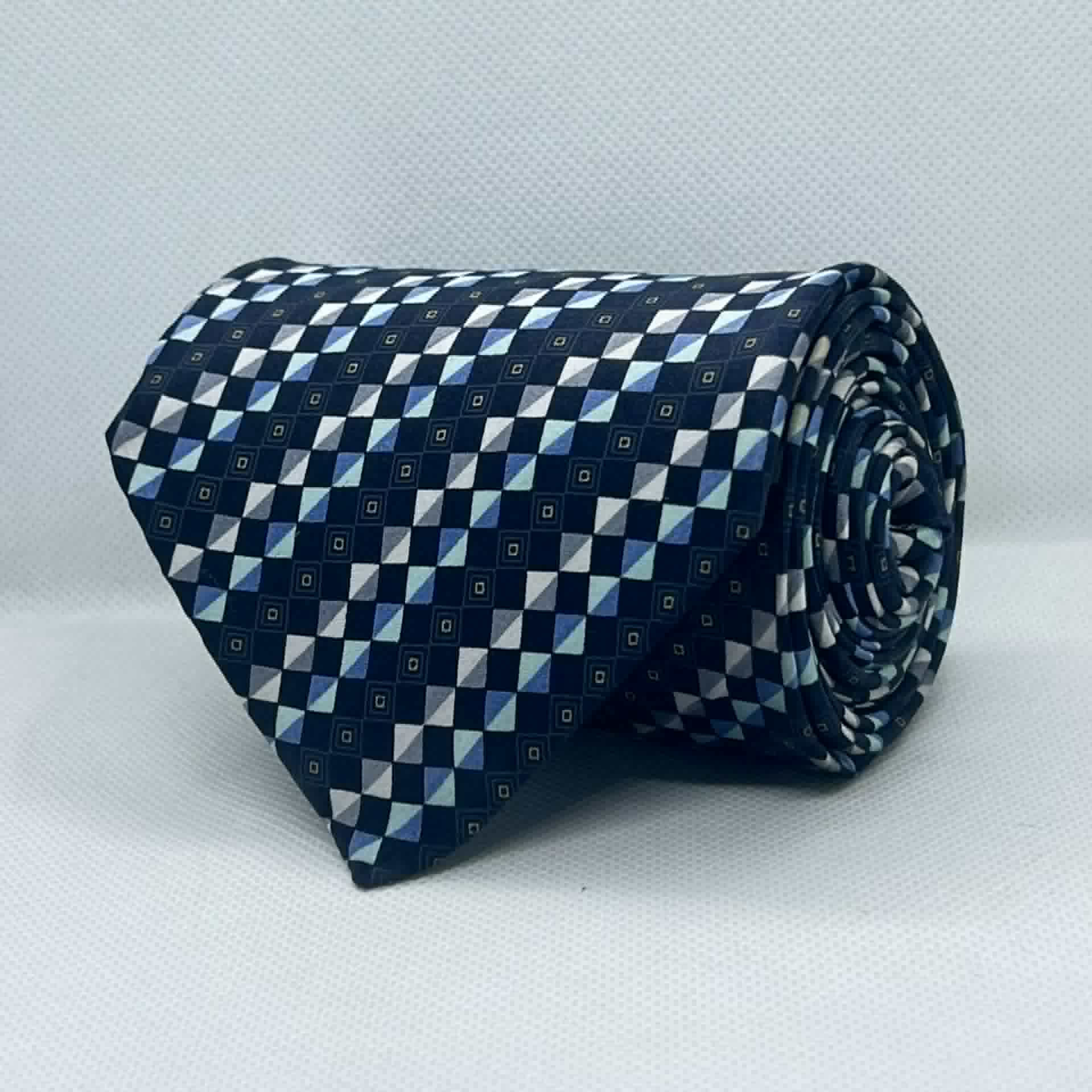 Midnight Blue Diamond Grid Pattern Silk Broad Tie