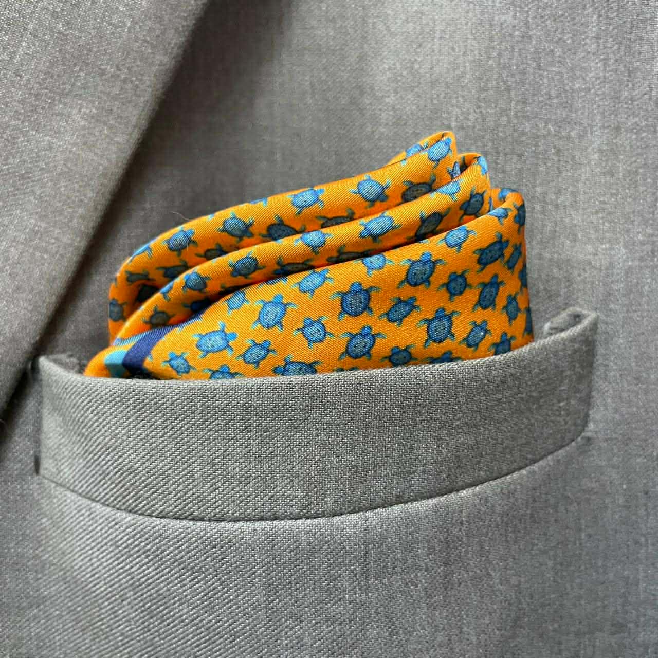 14 by 14 inches Orange “Blue Turtle Motif” Pocket Square