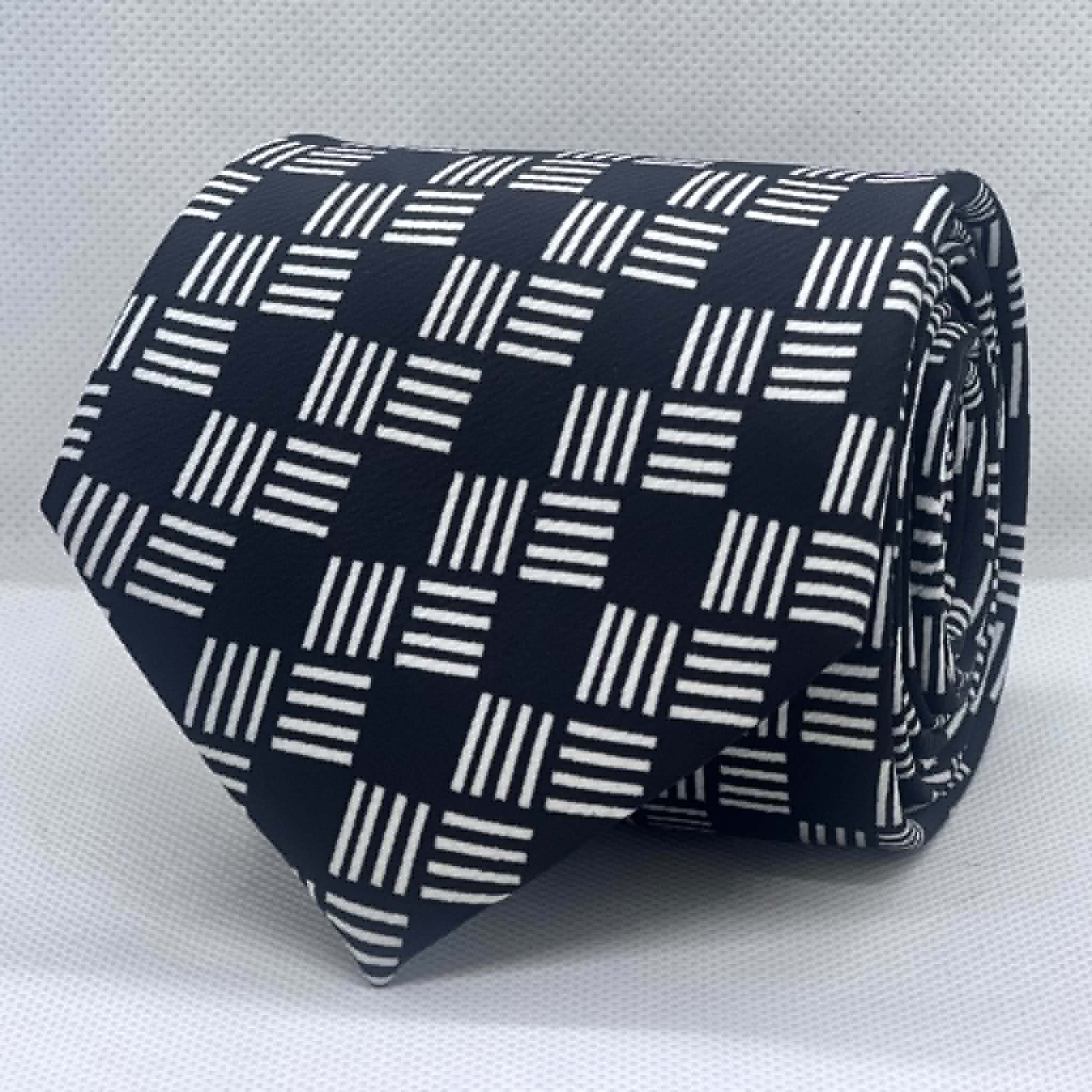 Black White Gridline Check Broad Silk Tie