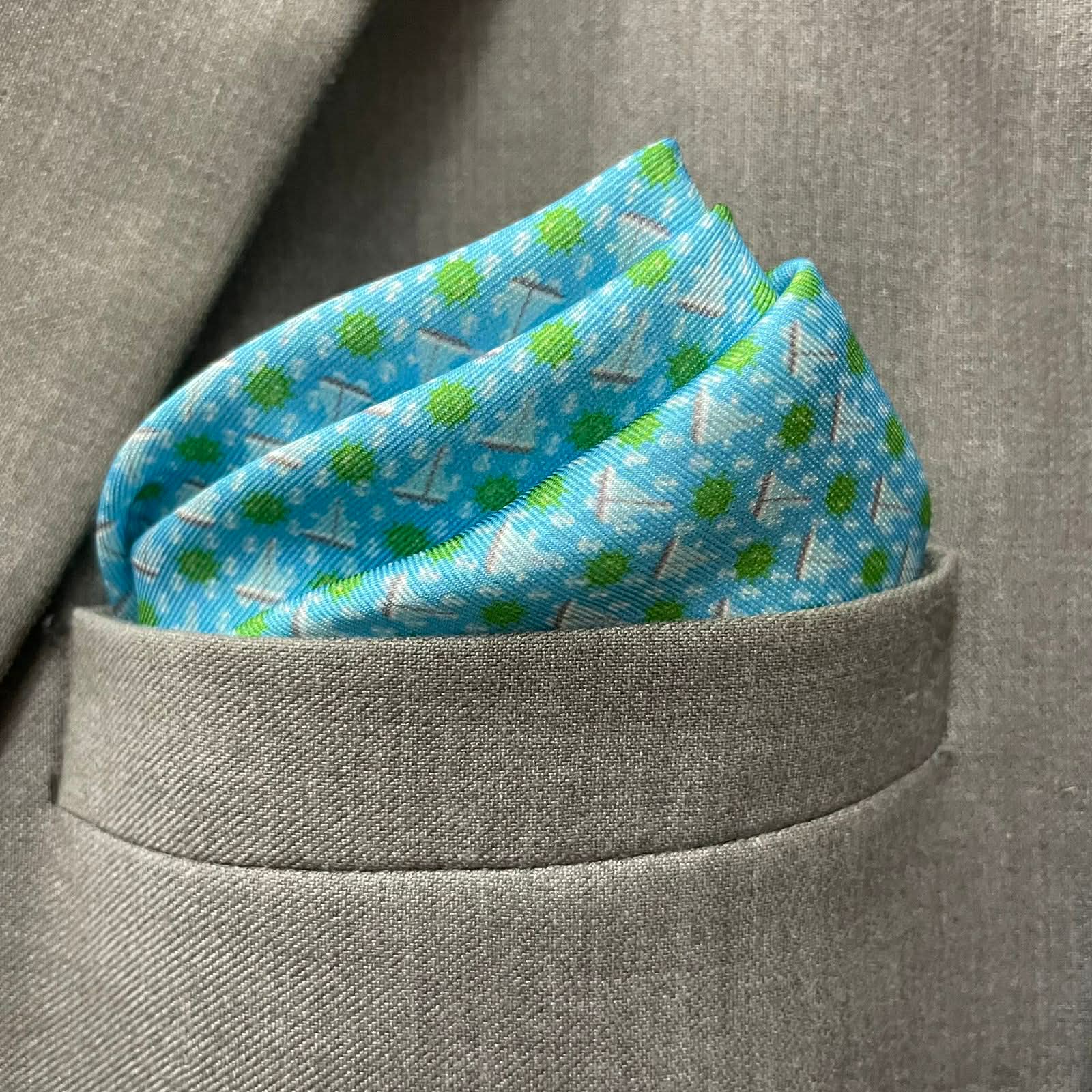 14 by 14 inches Sky Blue “Sailboat Print” Pocket Square