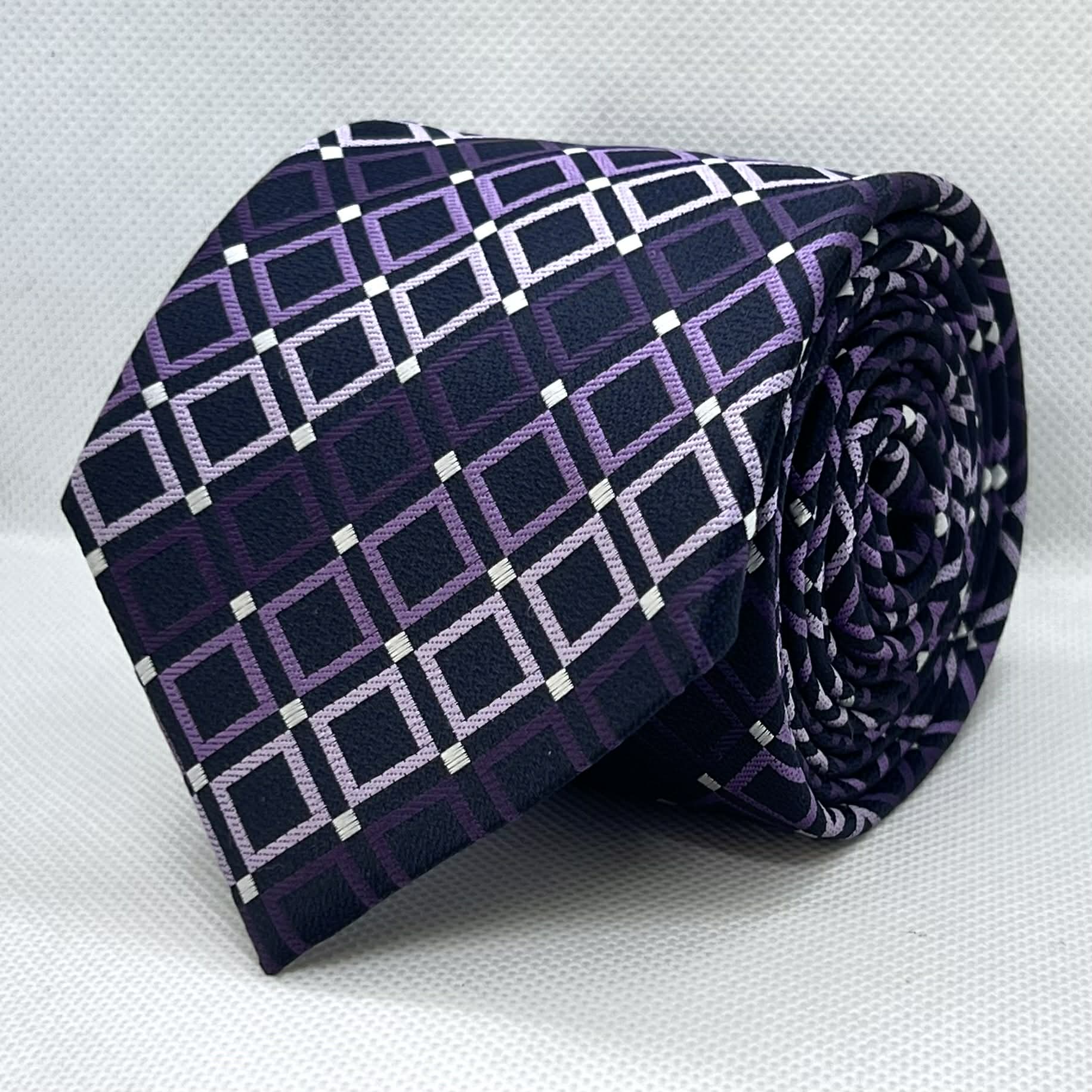 Dark Navy with Purple Windowpane Check Silk Tie