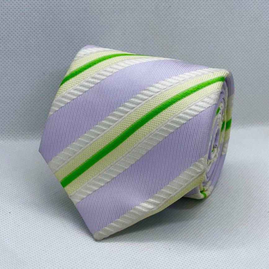 100% Polyester Lavender, Cream & Lime Green Diagonal Stripe Necktie